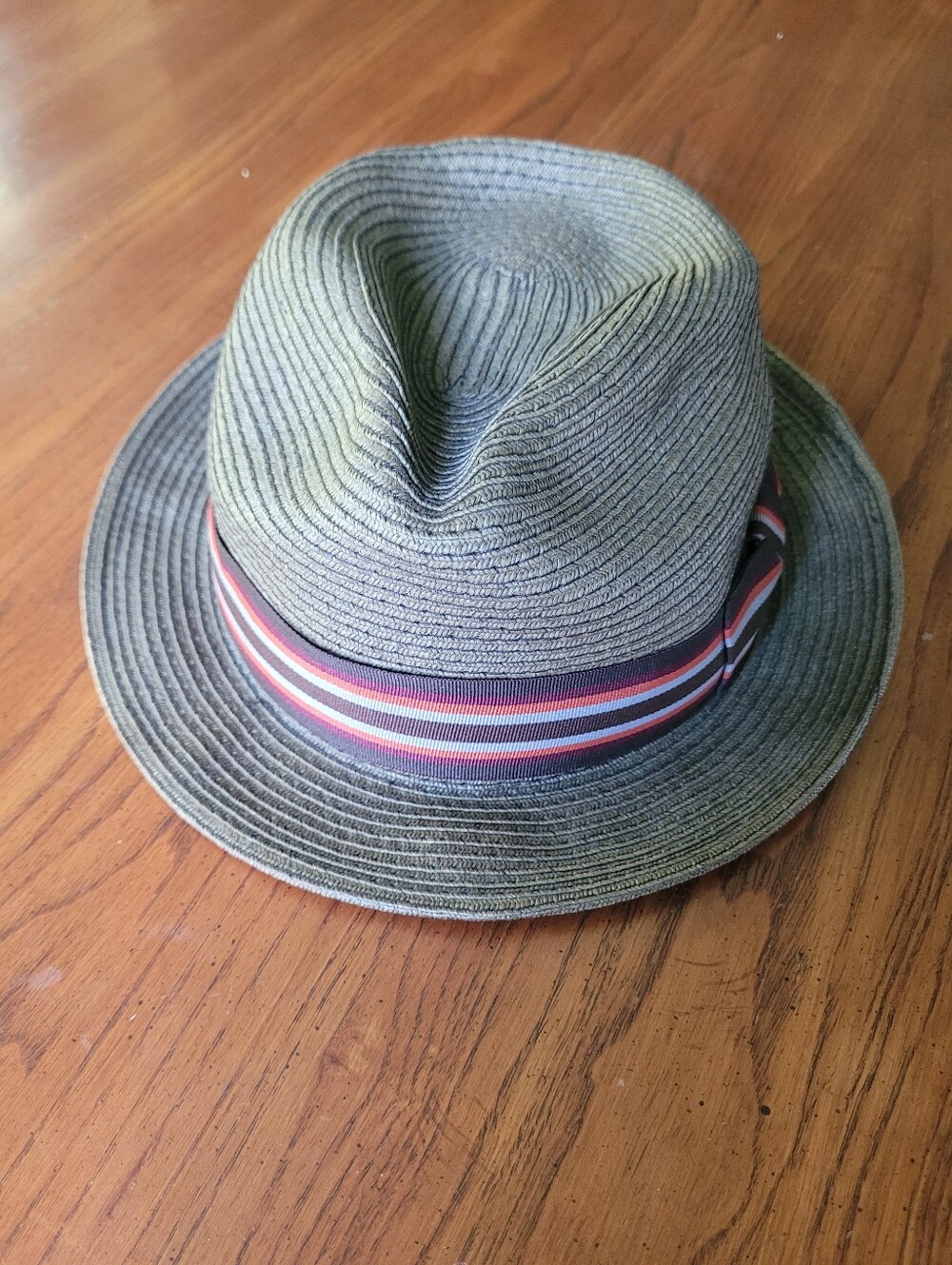Scala Olive Green Woven Straw Fedora Hat with Striped Grosgrain Band – Sm/Med